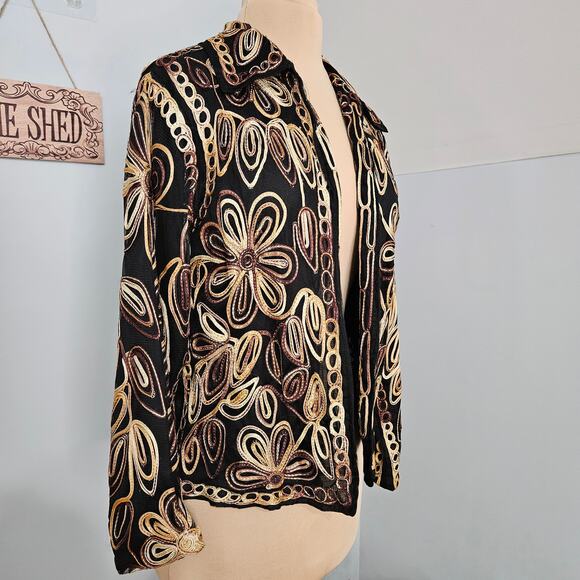 Anu by Natural Blazer Womens Medium Floral Embroidered Open Shacket Black Cream - Picture 4 of 14
